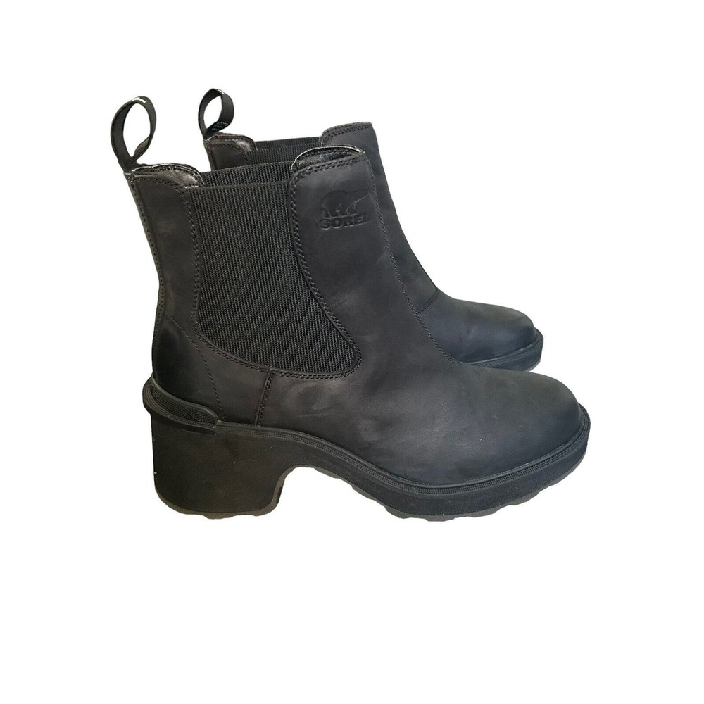 Sorel Womens Hi-Line Heel Chelsea Ankle Pull On Black Leather Boots Size 10